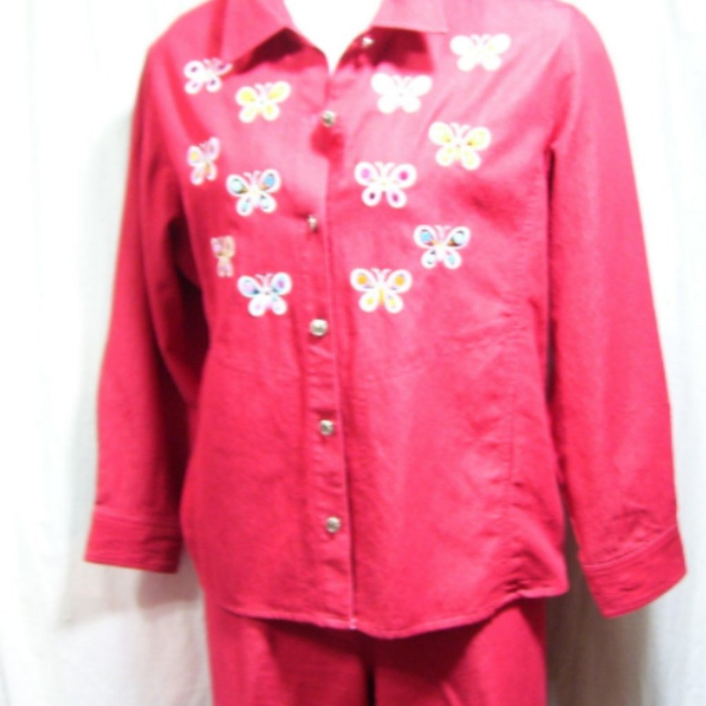 Bob Mackie Top & Pant Set Red Accent Butterflies Sz 1X-2X